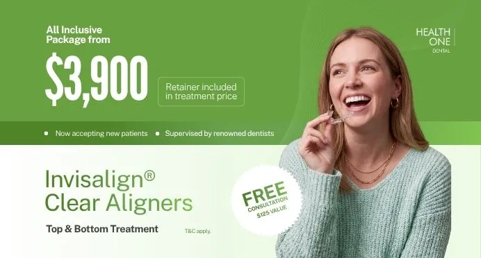 HealthOne Invisalign clear aligners offer from $3,900, including top and bottom treatment, dentist supervision, and a retainer. Free consultation valued at $125. Terms and conditions apply.